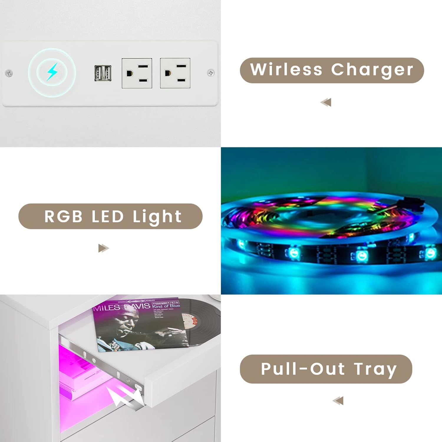 ADORNEVE Juego de 2 mesitas de noche LED, mesita de noche con estación de carga inalámbrica y luces LED, mesita de noche blanca con estante