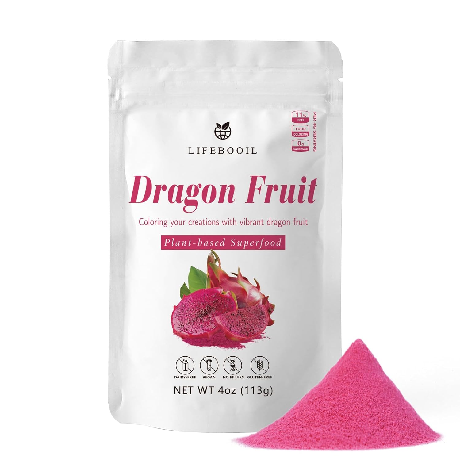 Polvo de fruta del dragón, vegano, sin OMG, sin gluten, sin aditivos ni conservantes, 4 onzas