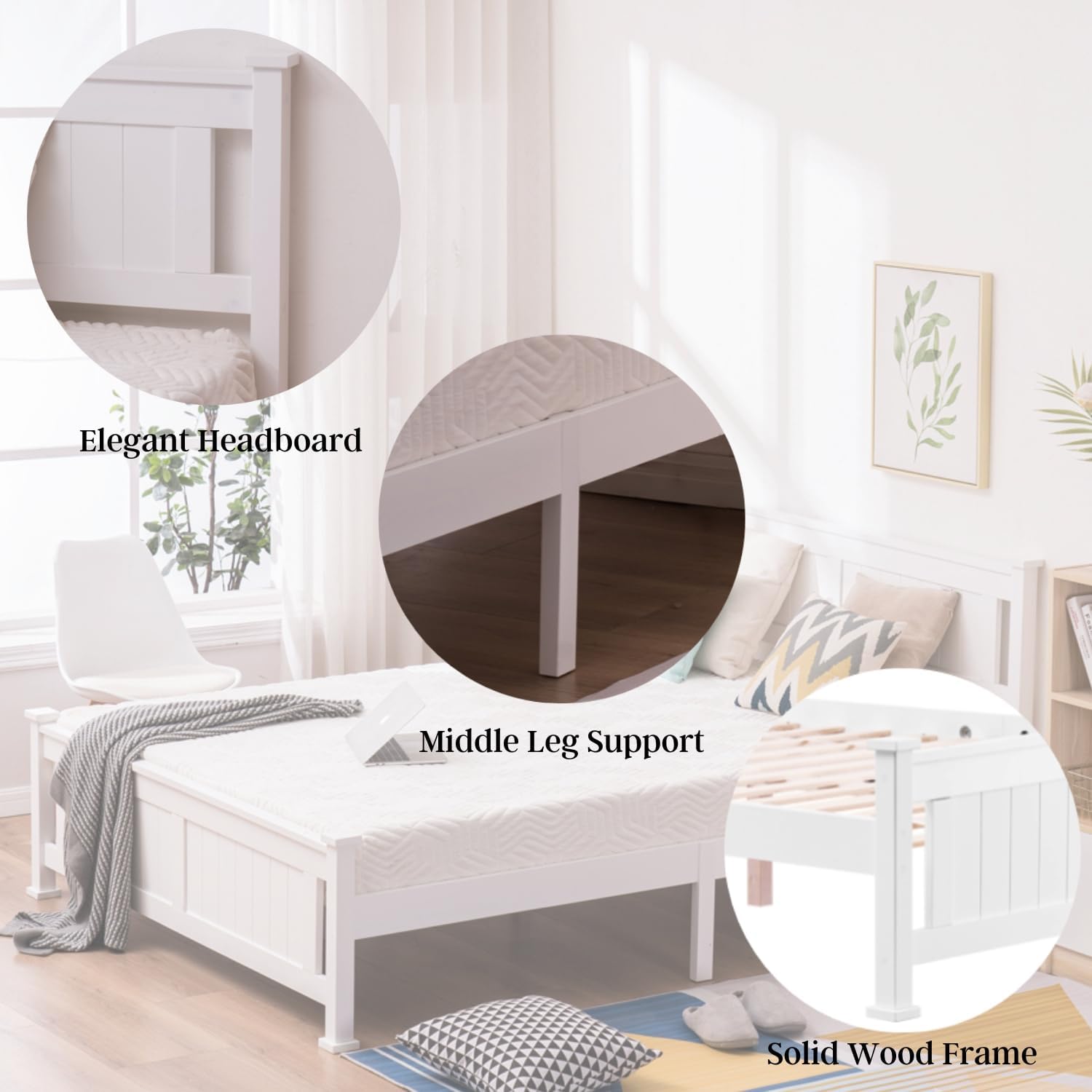 AOCOROE Base de cama matrimonial para niños, niñas, adolescentes, cama de plataforma de marco de madera maciza de tamaño matrimonial con cabecera de