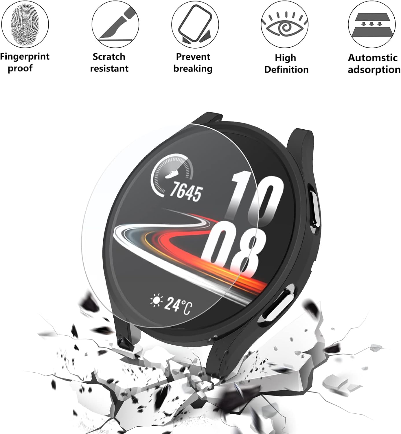 colaxuyi – Funda compatible con Samsung Galaxy Watch 4 de 1.732 pulgadas (1.732 in) con protector de pantalla de vidrio templado, carcasa protectora