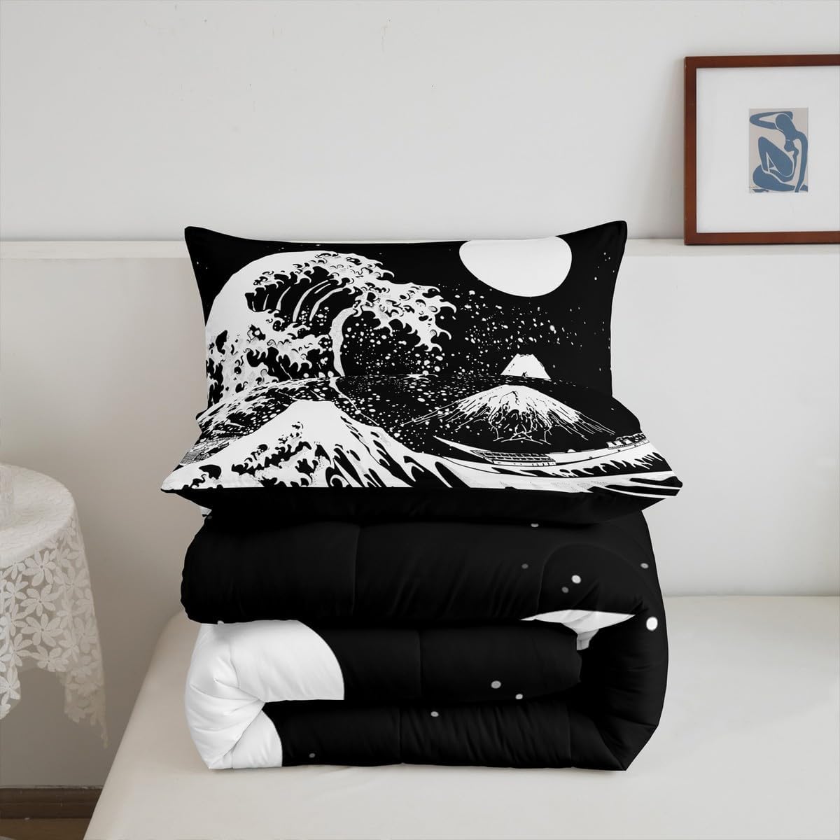 Erosebridal Juego de ropa de cama tamaño King, diseño de olas del océano, edredón de plumón de Fuji de montaña, edredón de estilo japonés, edredón