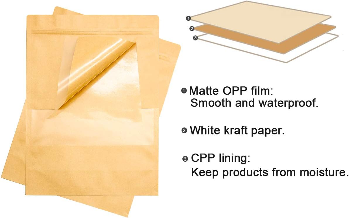 Bolsas de papel kraft de pie, reutilizables con cierre de cremallera y muesca transparente mate, bolsa de almacenamiento de alimentos resellable,