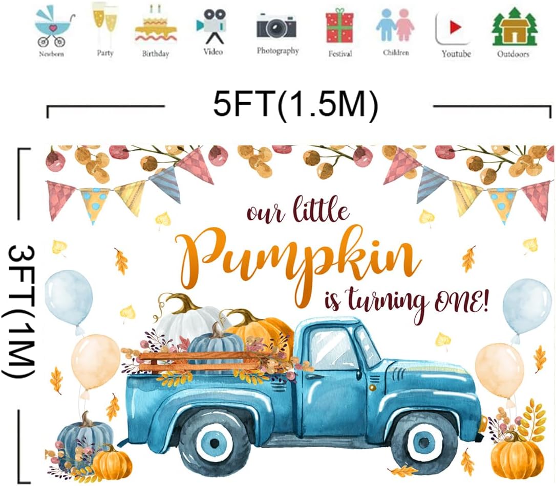 Our Little Pumpkin is Turning One – Cartel de fondo para decoración de bebé niño, camión azul, primer cumpleaños, fiesta de primer cumpleaños,