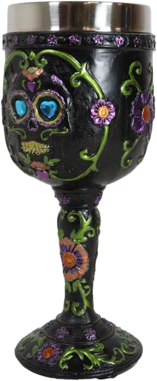 Ebros Día de los Muertos Osario Boda Calavera de Azúcar Negro Copa de Vino 7oz Cáliz Como Cocina Decorativo Fiesta de Halloween Centro de mesa
