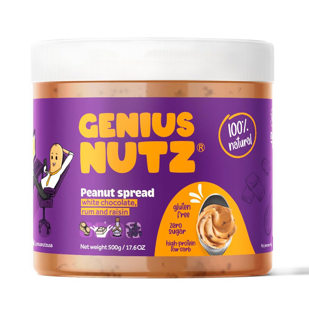 GENIUS NUTZ – Chocolate blanco para untar con maní, ron y pasas – El bocadillo de mantequilla de maní saludable perfecto, 100% natural, sin azúcar y