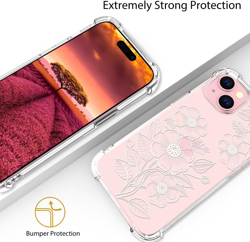 Funda compatible con iPhone 15 Plus, linda flor floral transparente para mujeres, diseño femenino, funda transparente de diseño floral, compatible