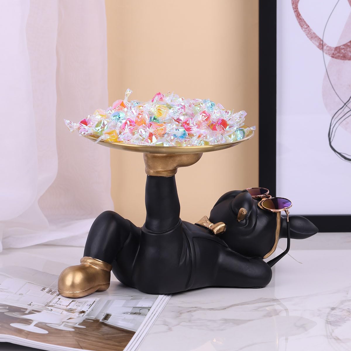 Estatua de bulldog francés negro  Bandeja de bulldog para dulces y soporte para llaves, almacenamiento de joyas, ideal para decoración moderna del