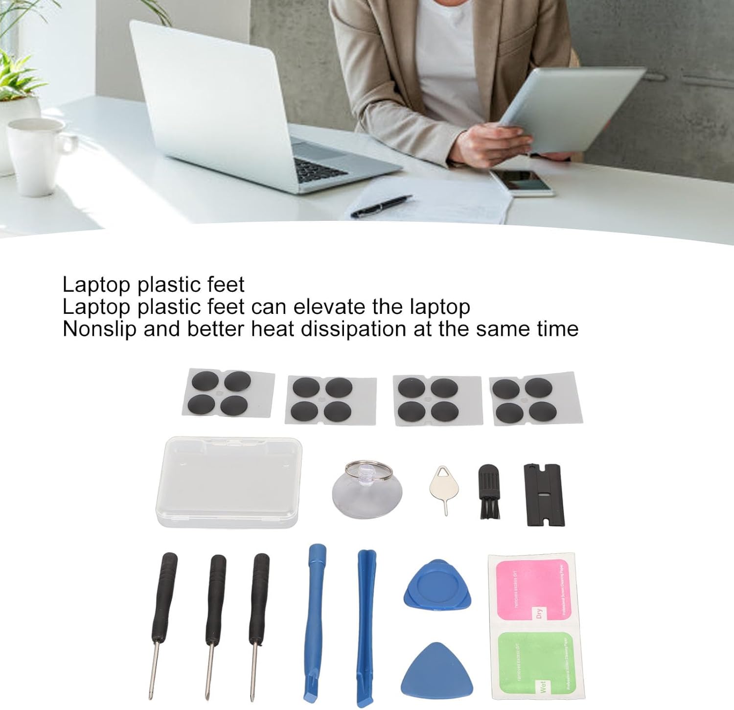 Diyeeni 16Pcs Laptop Feet, Non Slip Replacement Bottom Case Feet, with Professional Repair Tool Kit, Bottom Base Feet Foot Pad Compatible for