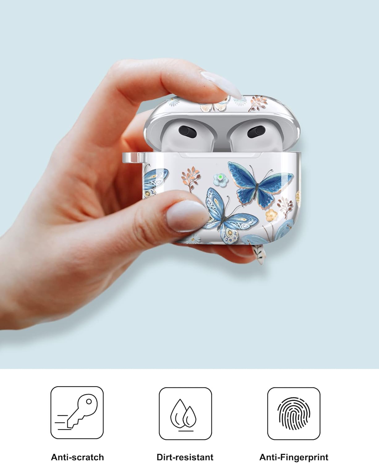 JAHOLAN Funda compatible con AirPods 3, funda transparente de mariposa, bonita funda protectora suave a prueba de golpes con llavero para mujeres y