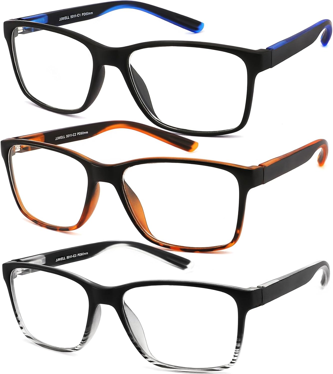 JJWELL Paquete de 3 lentes de lectura para hombre, bloqueo de luz azul con bisagra de resorte, antifatiga ocular, sequedad, UV, grandes cuadrados,