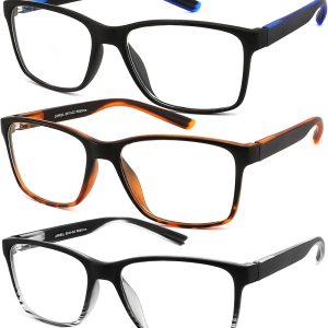JJWELL Paquete de 3 lentes de lectura para hombre, bloqueo de luz azul con bisagra de resorte, antifatiga ocular, sequedad, UV, grandes cuadrados, JJWELL Paquete de 3 lentes de lectura para hombre, bloqueo de luz azul con bisagra de resorte, antifatiga ocular, sequedad, UV, grandes cuadrados,