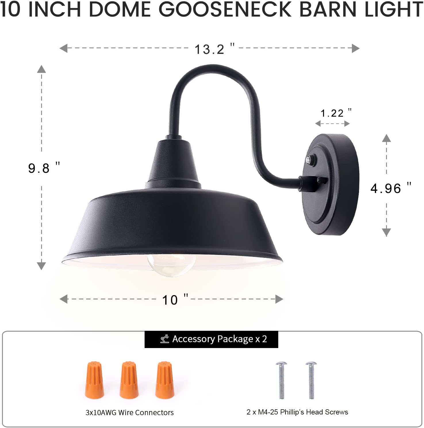 Luces de granero de anochecer al amanecer para exteriores con cúpula de 10 pulgadas, lámpara exterior de cuello de cisne negro con interior blanco,