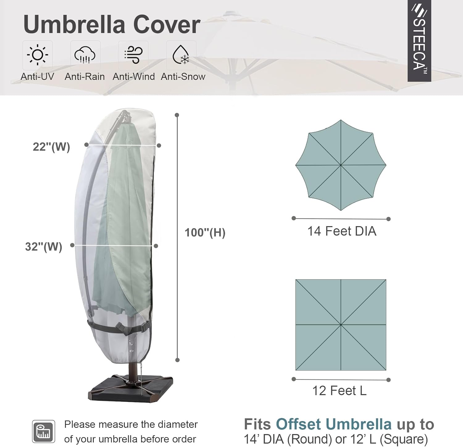 Cubierta impermeable para sombrilla de patio, cubierta de sombrilla para exteriores para sombrilla de 12 a 14 pies con marco de plátano voladizo
