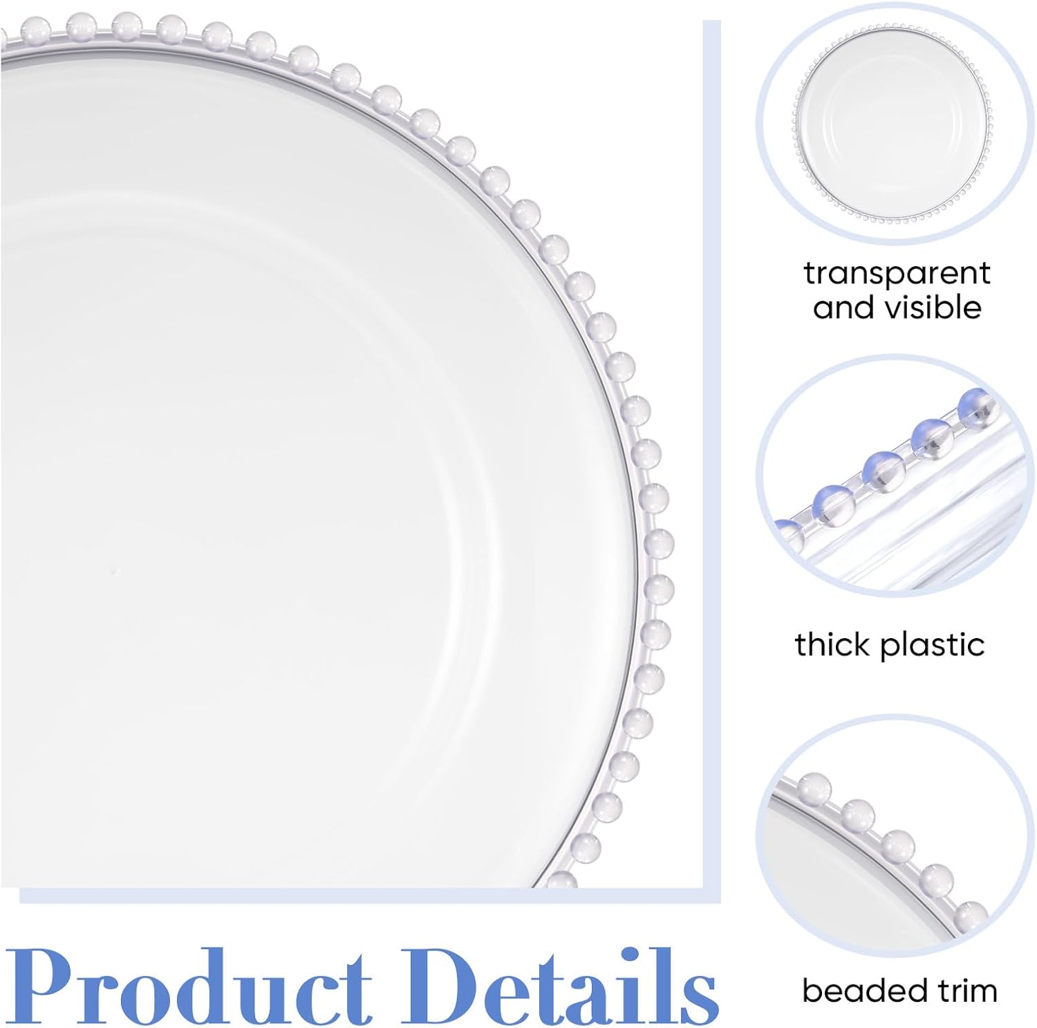100 platos de carga redondos transparentes de 13 pulgadas, de plástico, platos de servicio decorativos con borde de cuentas para bodas, fiestas de