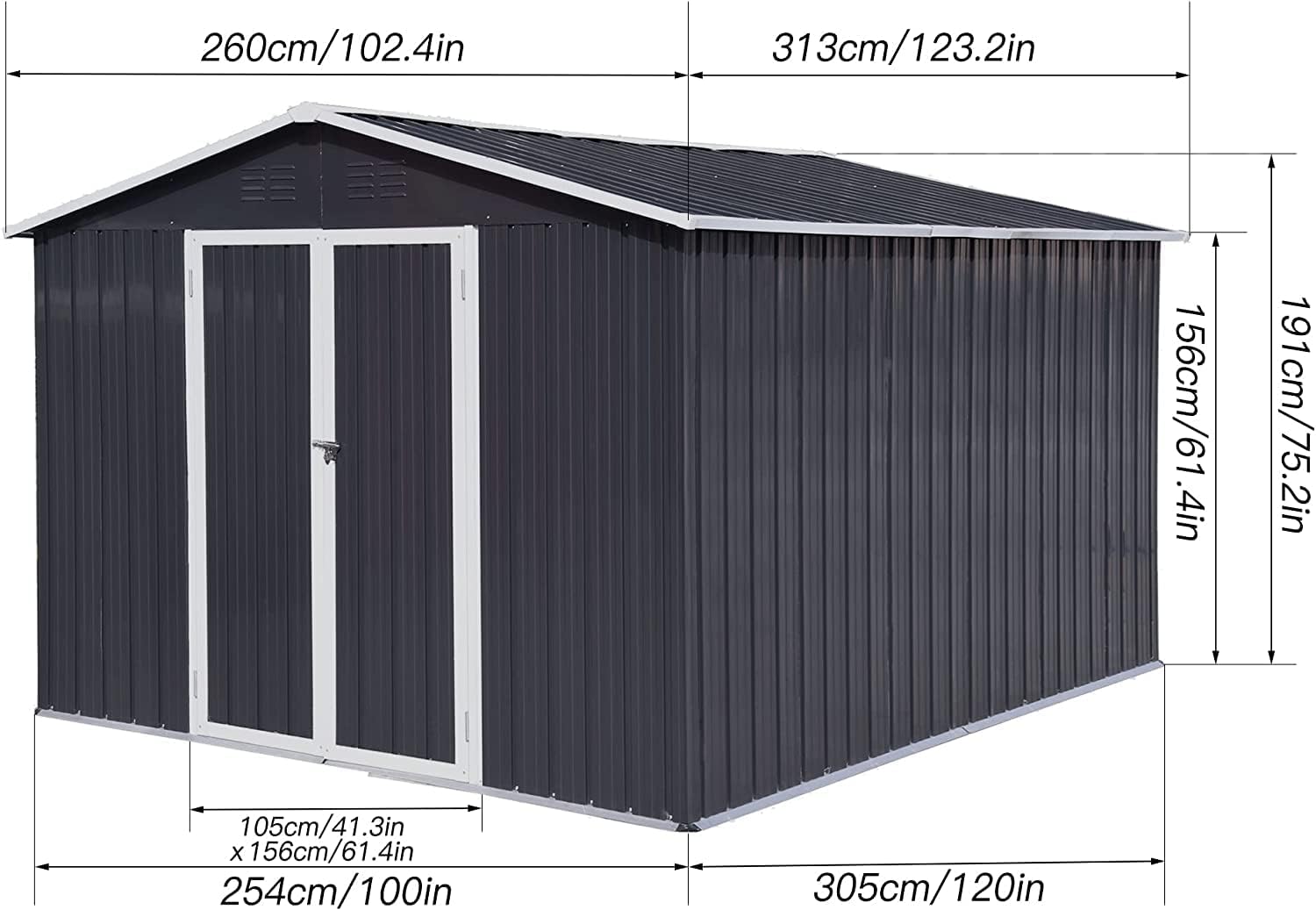 EMKK Cobertizo de almacenamiento para exteriores de 10 x 8 pies, kit de cobertizos de jardín de metal de acero galvanizado con puerta doble con