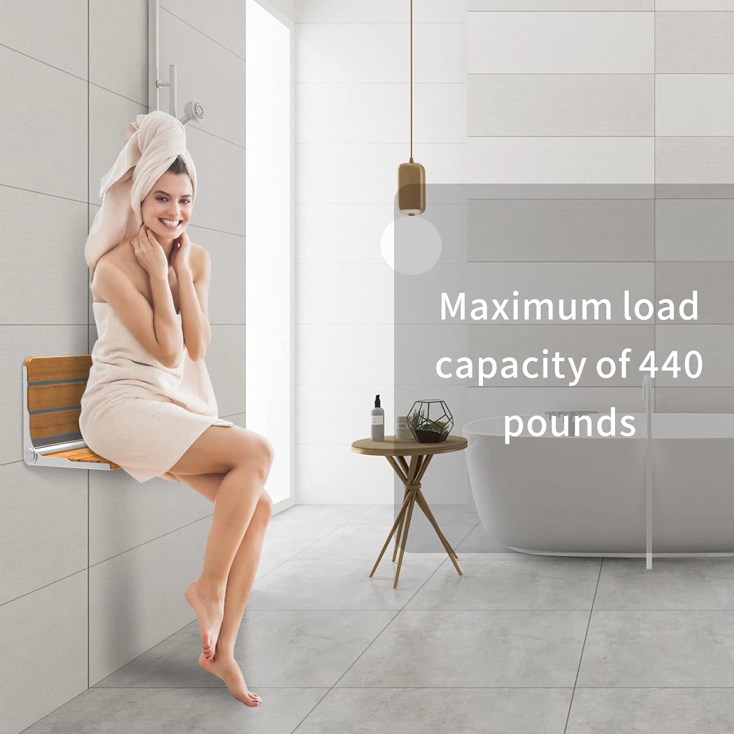 18″ Teak Folding Shower Seat Wall Mounted,Fold Down Shower Bench for Small Shower Space, Home Care Teak Wood Stool for Inside