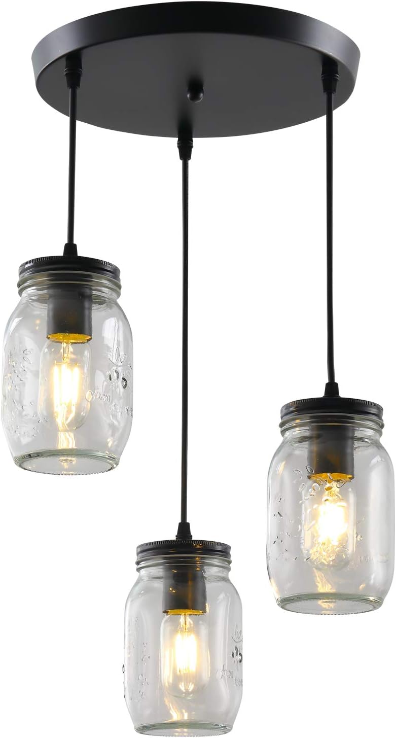 Lámparas de tarro de masón, 3 luces de casa de campo, lámpara colgante de tarro de cristal lámpara de techo ajustable para cocina, comedor, pasillo