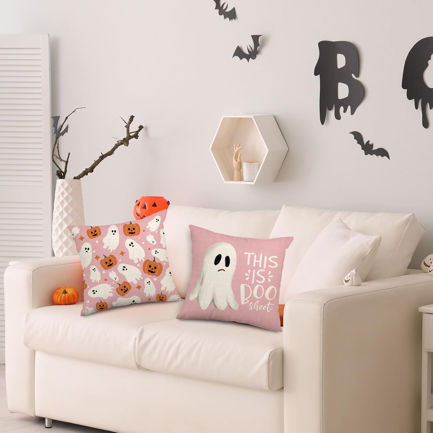 AnyDesign – Fundas de almohada rosadas de Halloween con diseño de calabaza fantasma, funda de almohada de Halloween, decoración espeluznante de