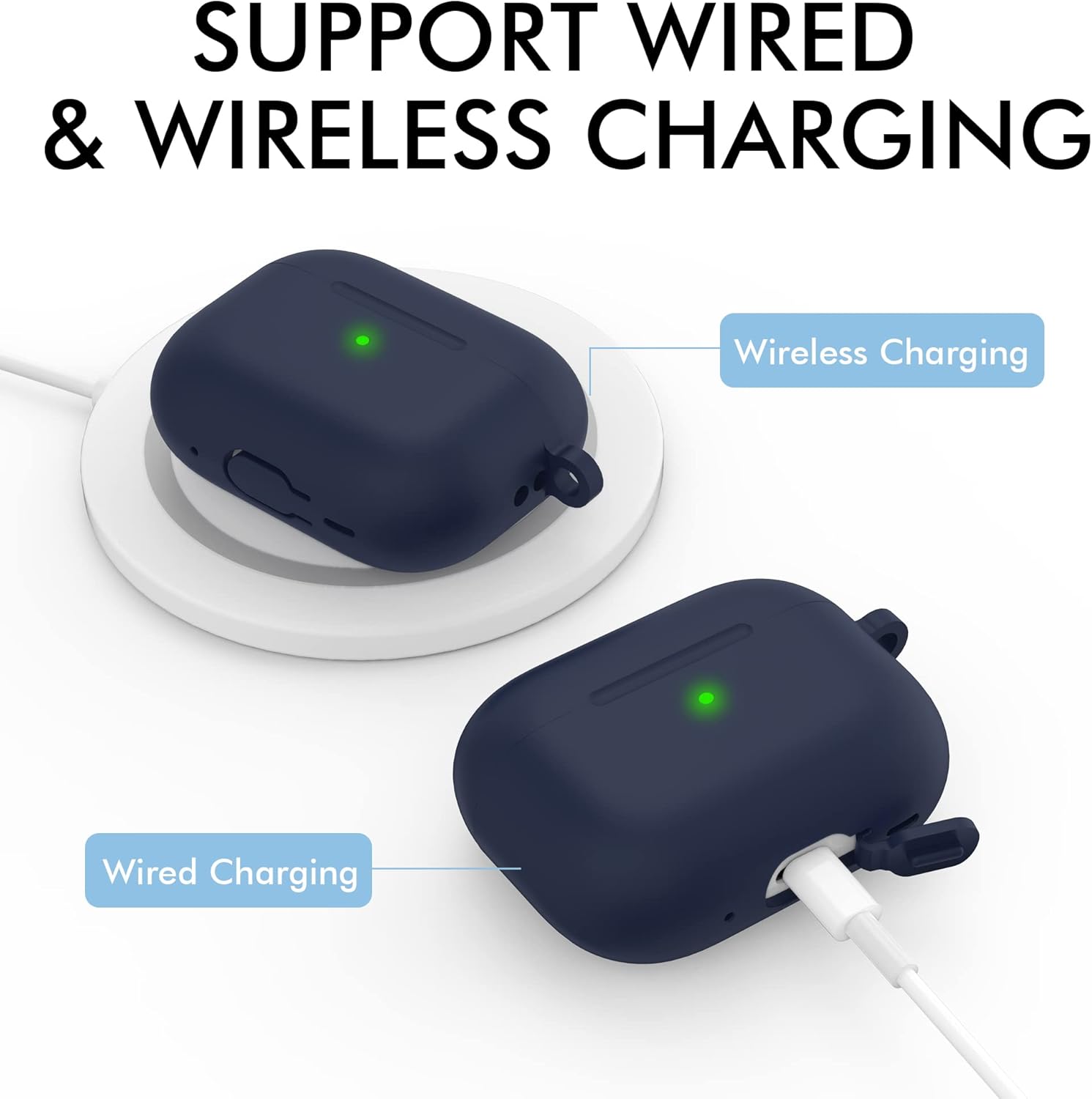 NIUTRENDZ Funda para AirPods Pro 2 generación 2022 de silicona con cordón y llavero carga inalámbrica y LED frontal visible (azul medianoche)