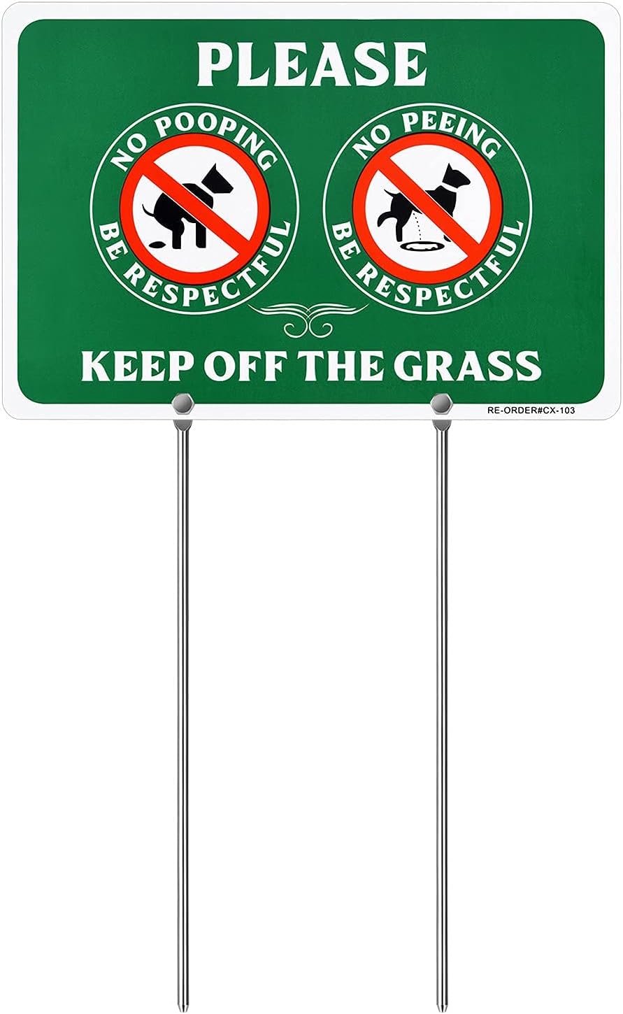 MUXYH Letrero de perro de doble cara con texto en inglés Please Be Respectful, Keep Off The Grass, de construcción de metal, 12 x 9 pulgadas, con