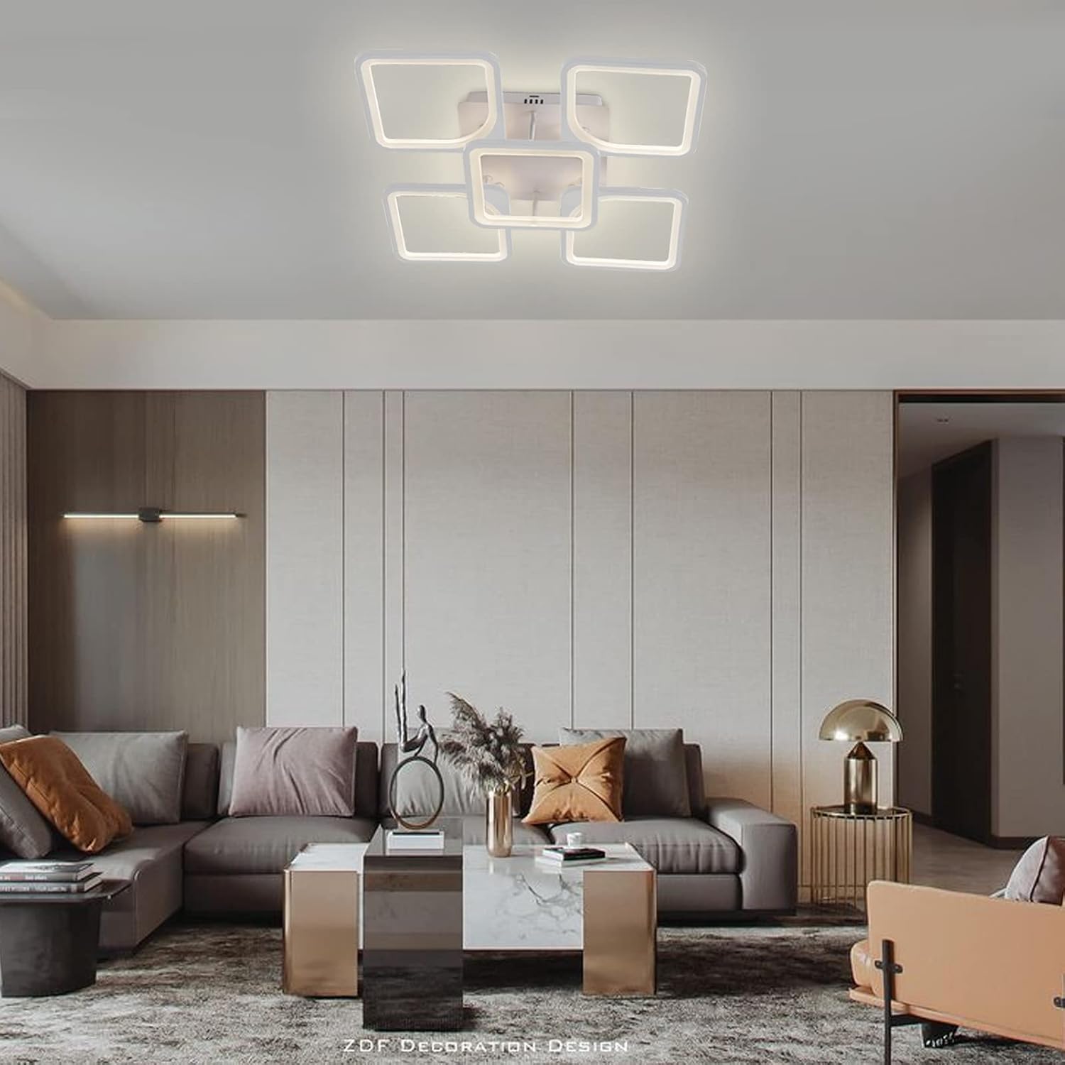 Jaycomey Lámpara de techo LED moderna regulable, 23.6 pulgadas, montaje empotrado, con control remoto, lámpara de techo acrílica de 5 cuadrados para
