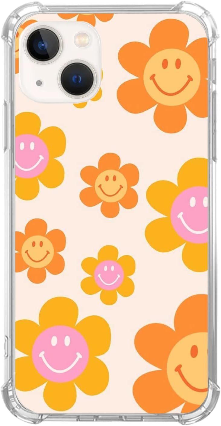 Indie Smile Face Flower Daisy Power Funda compatible con iPhone 15, Hippie Retro 90s Naranja Estética Funda para iPhone 15, diseño único de moda TPU