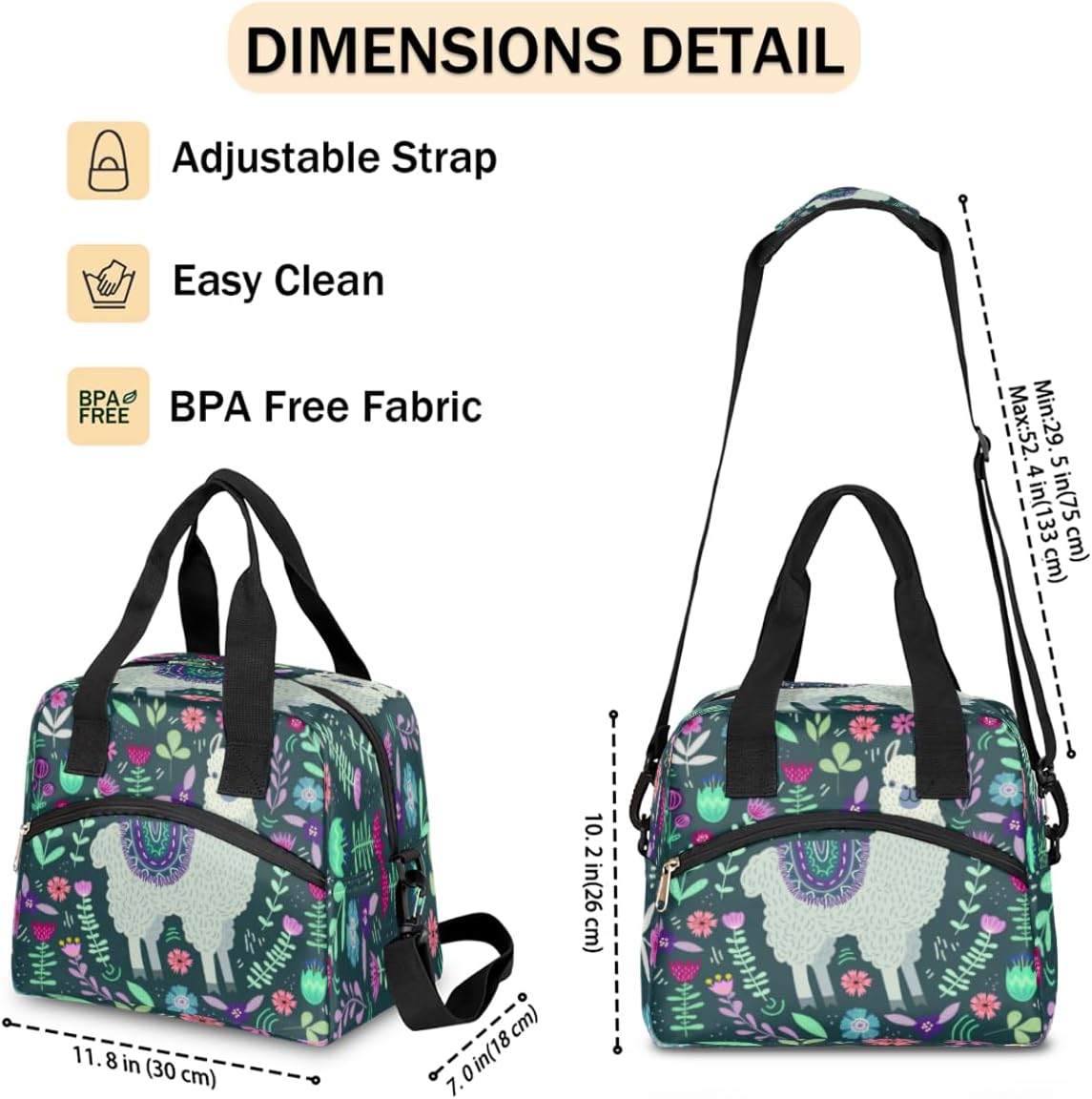 JXDXHCW Lonchera con estampado floral de alpaca, bolsa aisladaenfriadora para mujeres, hombres, niñas, niños, bolsa de almuerzo con correa ajustable