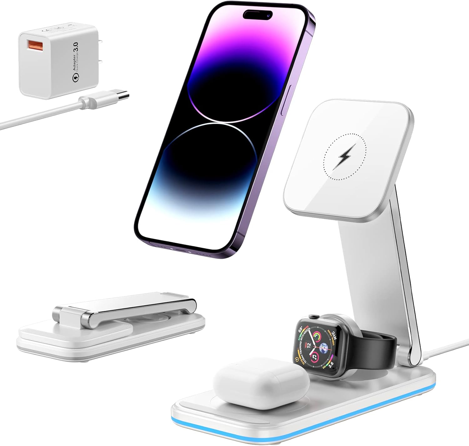 BOCLOUD Estación de carga inalámbrica 3 en 1, soporte de carga portátil, cargador inalámbrico rápido para iPhone 15, 14, 13, 12 Pro MaxProMini,