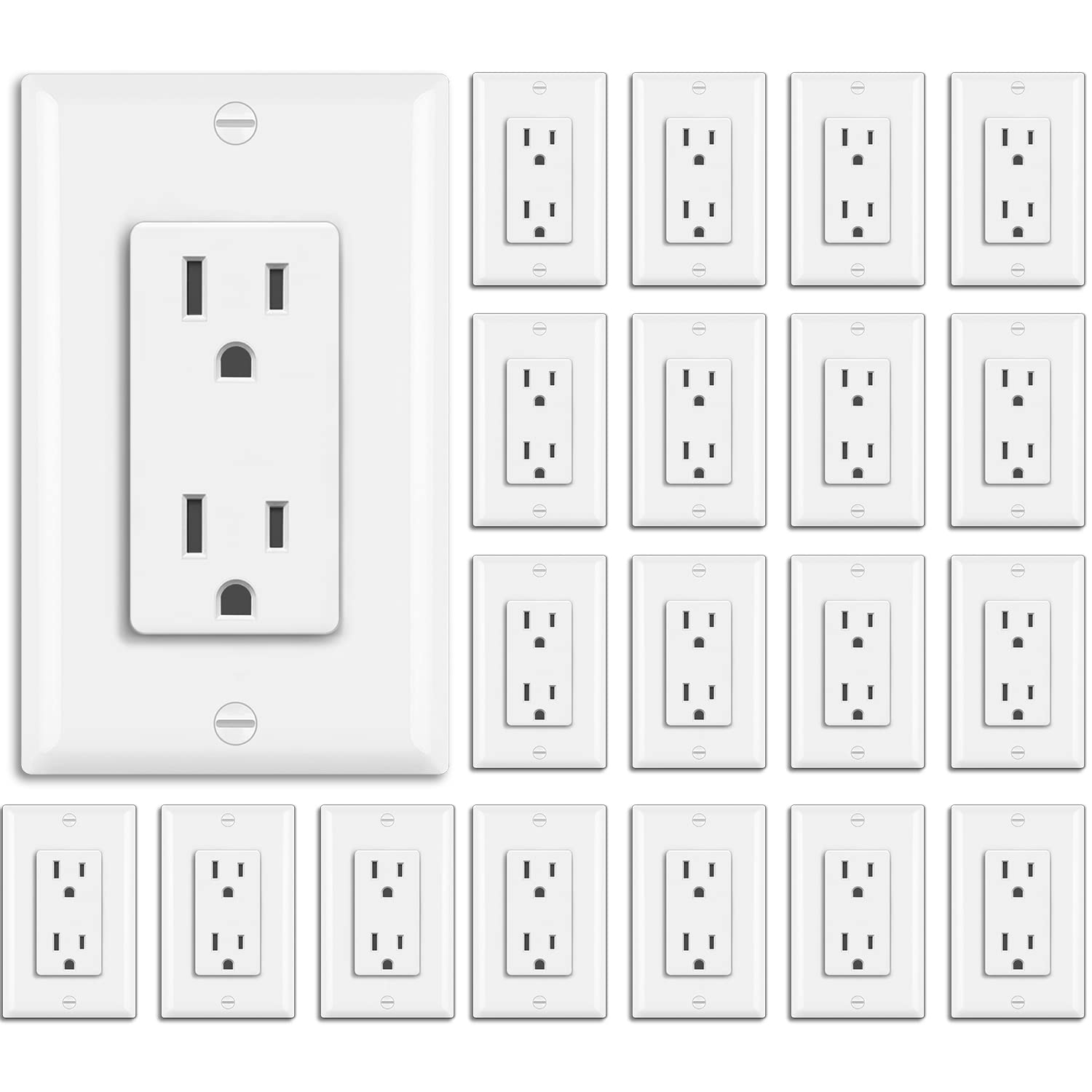 BESTTEN Paquete de 20 tomas de corriente decoradora de pared de 15 amperios, no resistente a manipulaciones, placa de pared incluida, 15A125V1875W,