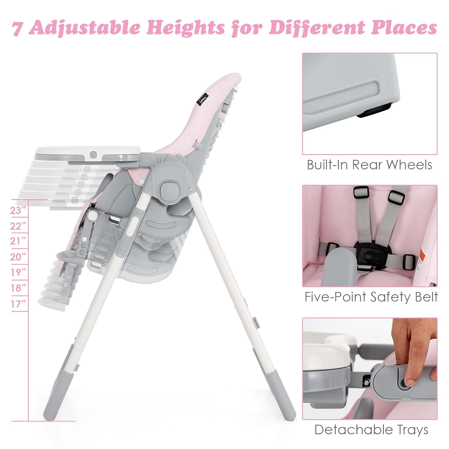 INFANS Silla alta para bebés y niños pequeños, silla alta plegable con respaldo ajustable múltiple, reposapiés y altura del asiento, bandeja