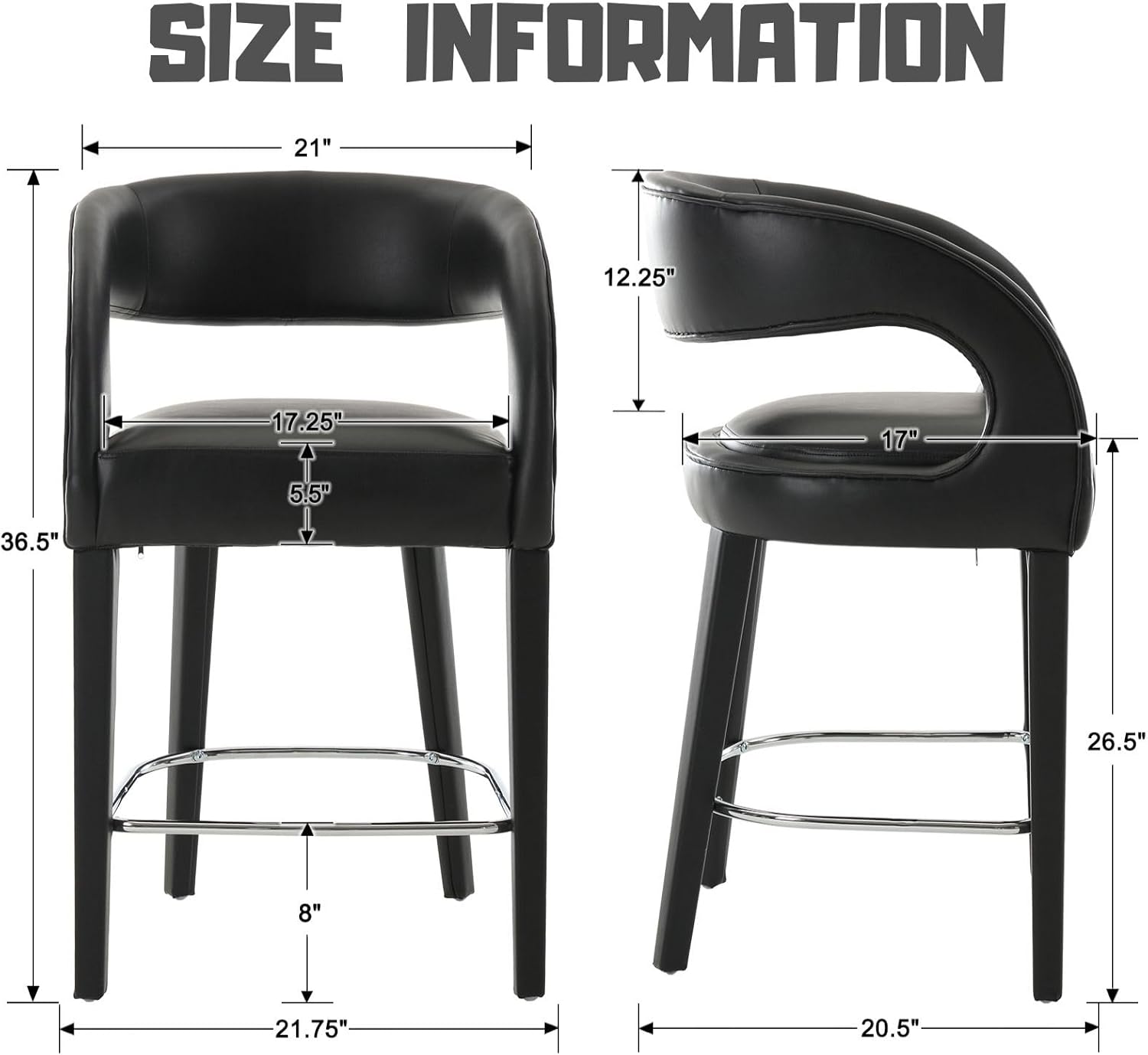 Juego de 2 taburetes de cuero negro para mostrador de barril, sillas de bar de madera de 26 pulgadas con respaldo tapizado para isla de cocina