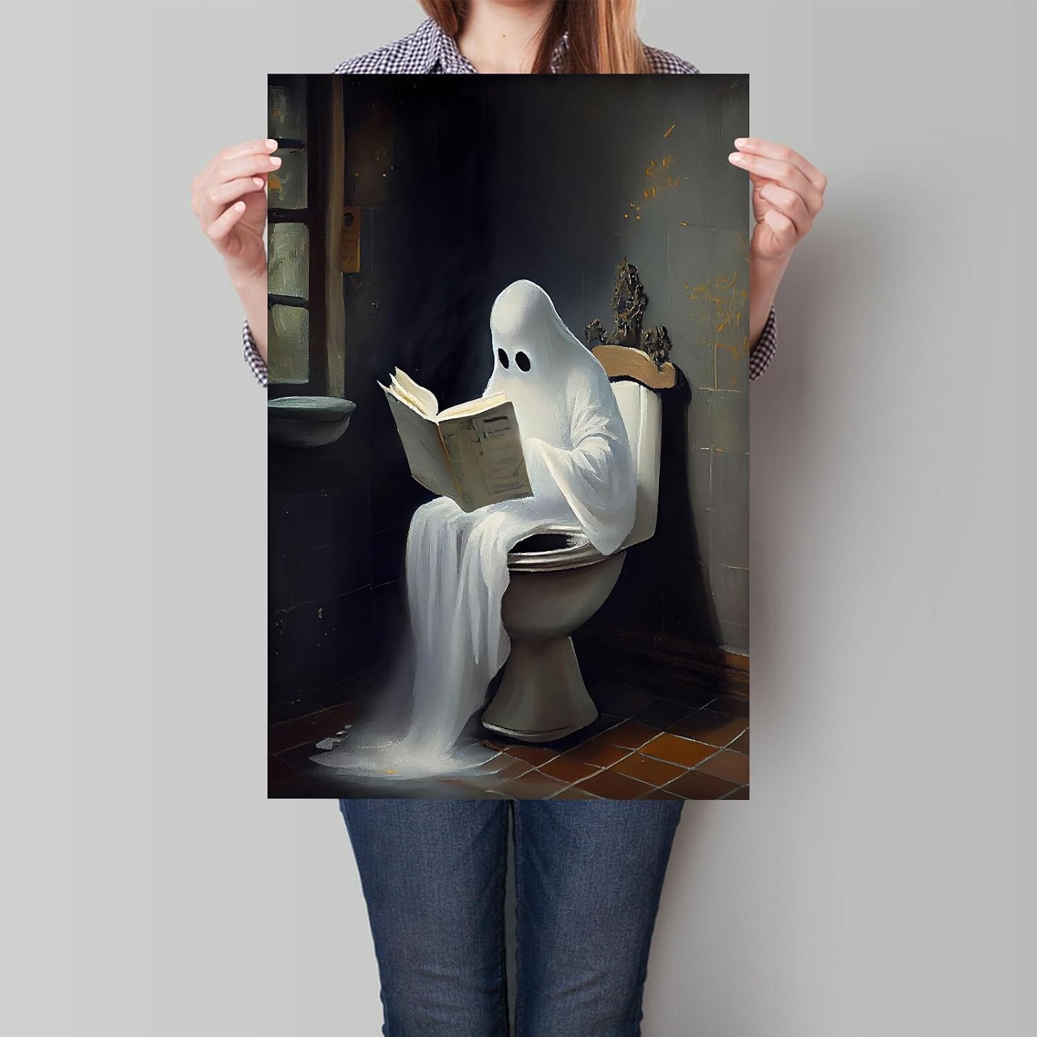 Wodkodnxy Pared de lienzo de libros de lectura de fantasmas en toliet vintage, divertidos pósteres estéticos góticos, fotos de terror de Halloween,
