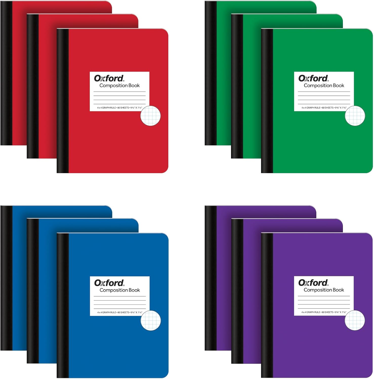 Oxford Composition – Cuaderno de 12 unidades, 4 x 4, papel a rayas, 7.5 x 9.75 pulgadas, 80 hojas, cubiertas de colores surtidos verde, morado,