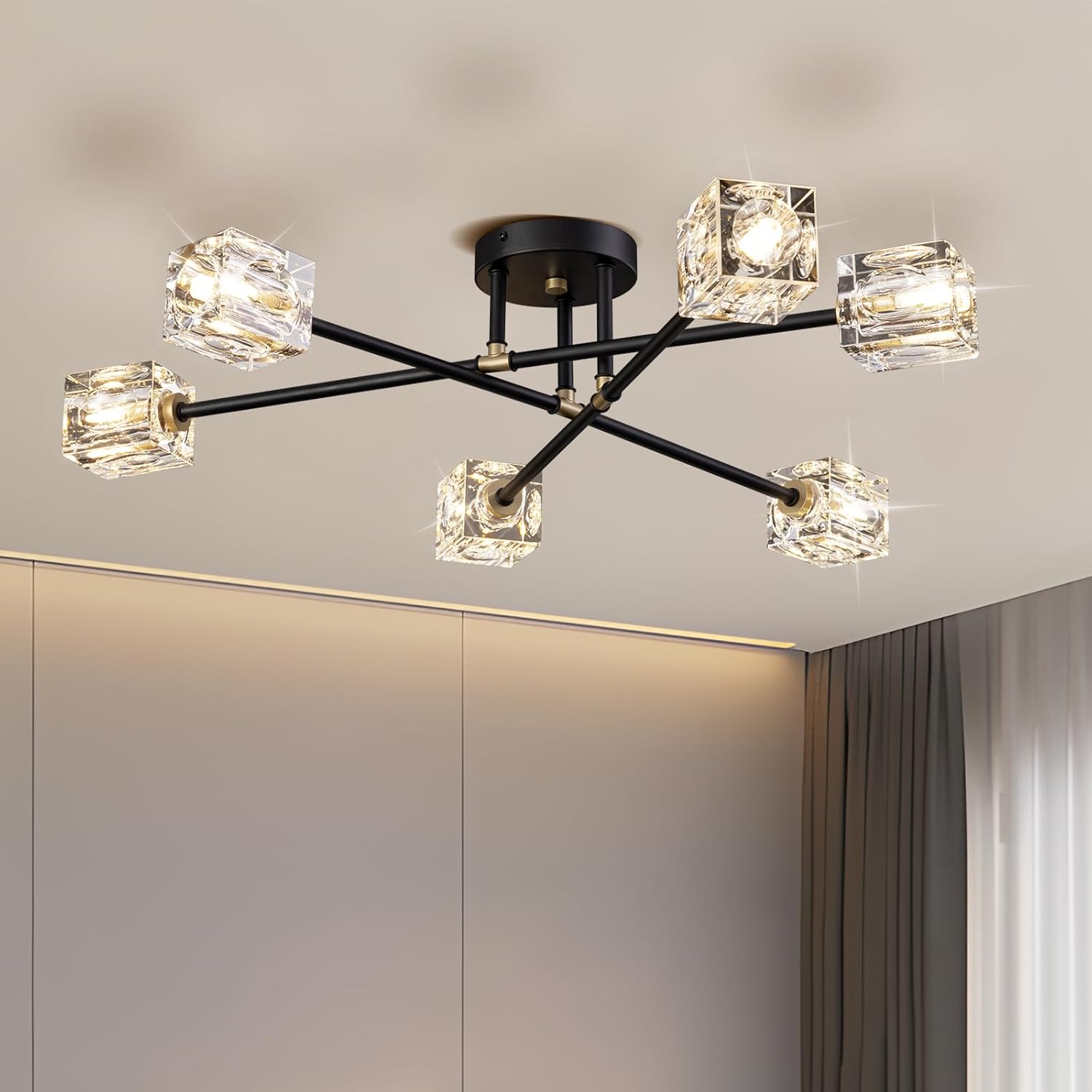 Lámpara de techo semiempotrada de 6 luces, moderna lámpara Sputnik del siglo negro y dorado, accesorios de iluminación de montaje en techo de