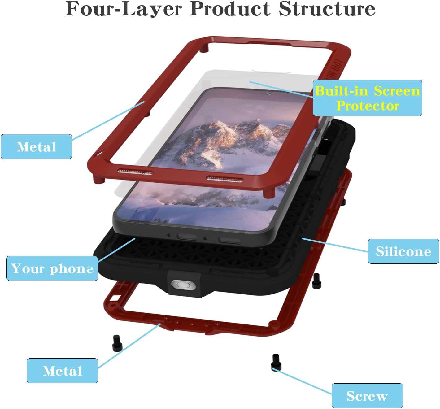 LOVE MEI Funda para Samsung Galaxy S23 5G con protector de pantalla de vidrio templado, a prueba de golpes, a prueba de arañazos, híbrida de metal y