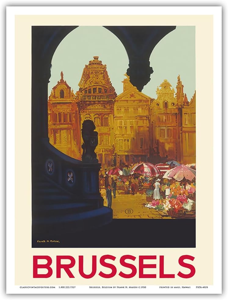 Bruselas, Bélgica – The Grand Place – Ferrocarriles nacionales belgas – Póster de viaje vintage por Frank H. Mason c.1930 – Impresión artística