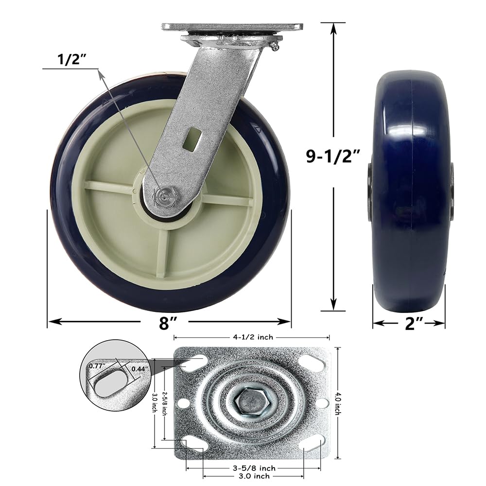 Ruedas giratorias de 8 pulgadas, ruedas industriales con rueda de poliuretano y rodamiento de bolas de precisión, 1200 libras por rueda, ampliamente