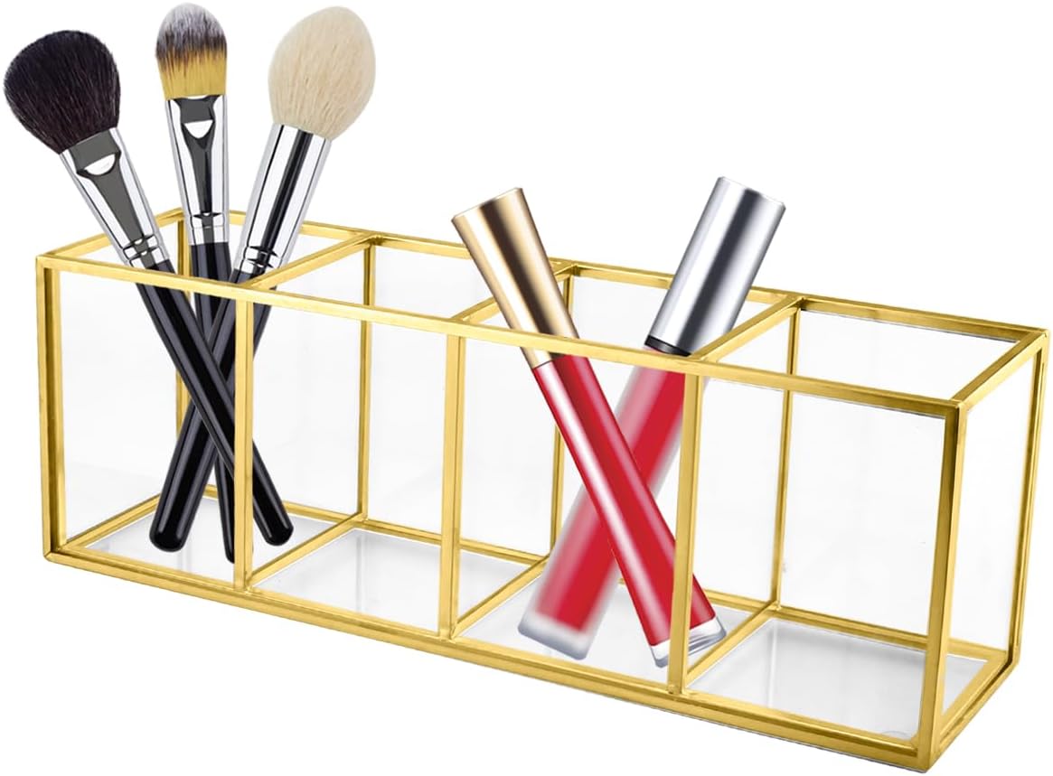Soporte para brochas de maquillaje, organizador para escritorio, soporte dorado para bolígrafos de 10.4 x 2.8 x 3.6 pulgadas, organizador de