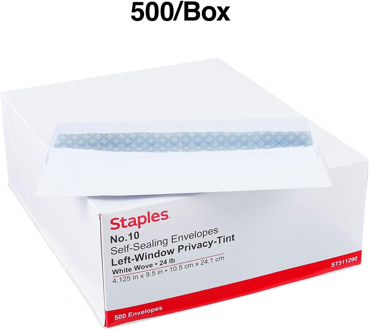 Staples Sobre de ventana tintado #10 de seguridad autosellante, 4 18 pulgadas x 9 12 pulgadas, tejido blanco, 1000cartón (ST511290-CCVS)