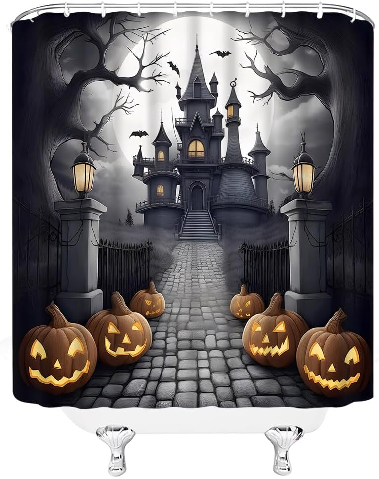 Cortina de ducha de Halloween, casa embrujada, espeluznante calabaza, horror, luna llena, espeluznante, árbol muerto, gótico, murciélagos negros,