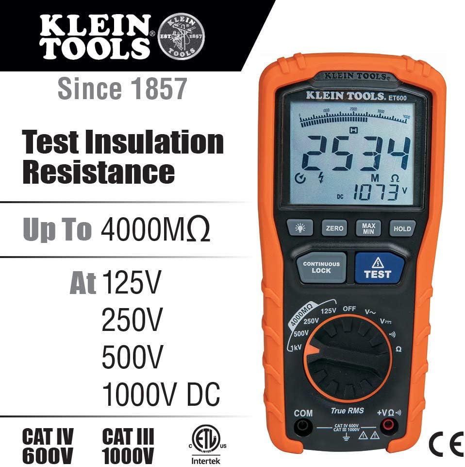 Klein Tools Multímetro ET600, probador de aislamiento de megohmímetro y medidor de abrazadera CL150, probador eléctrico de CA