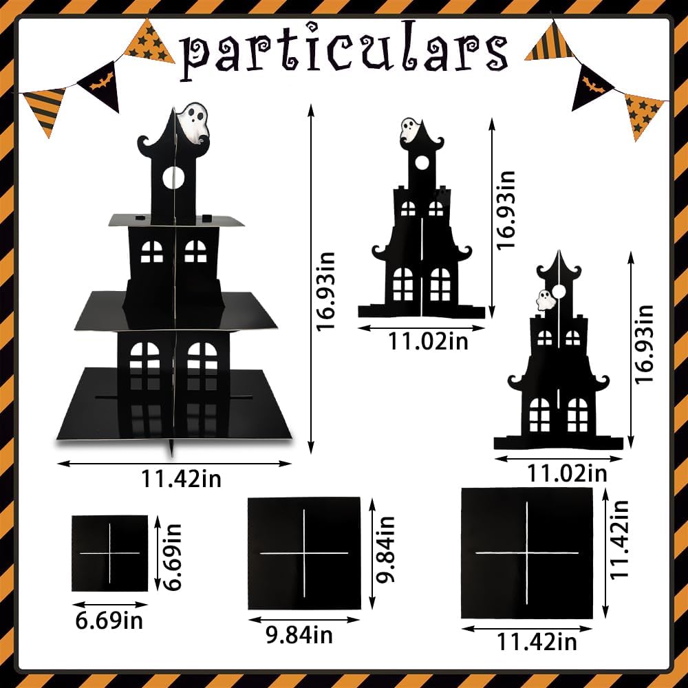 Soporte de 3 niveles para cupcakes de Halloween, castillo de Halloween, soporte redondo de cartón, torre de postre, torre de árbol de postre para