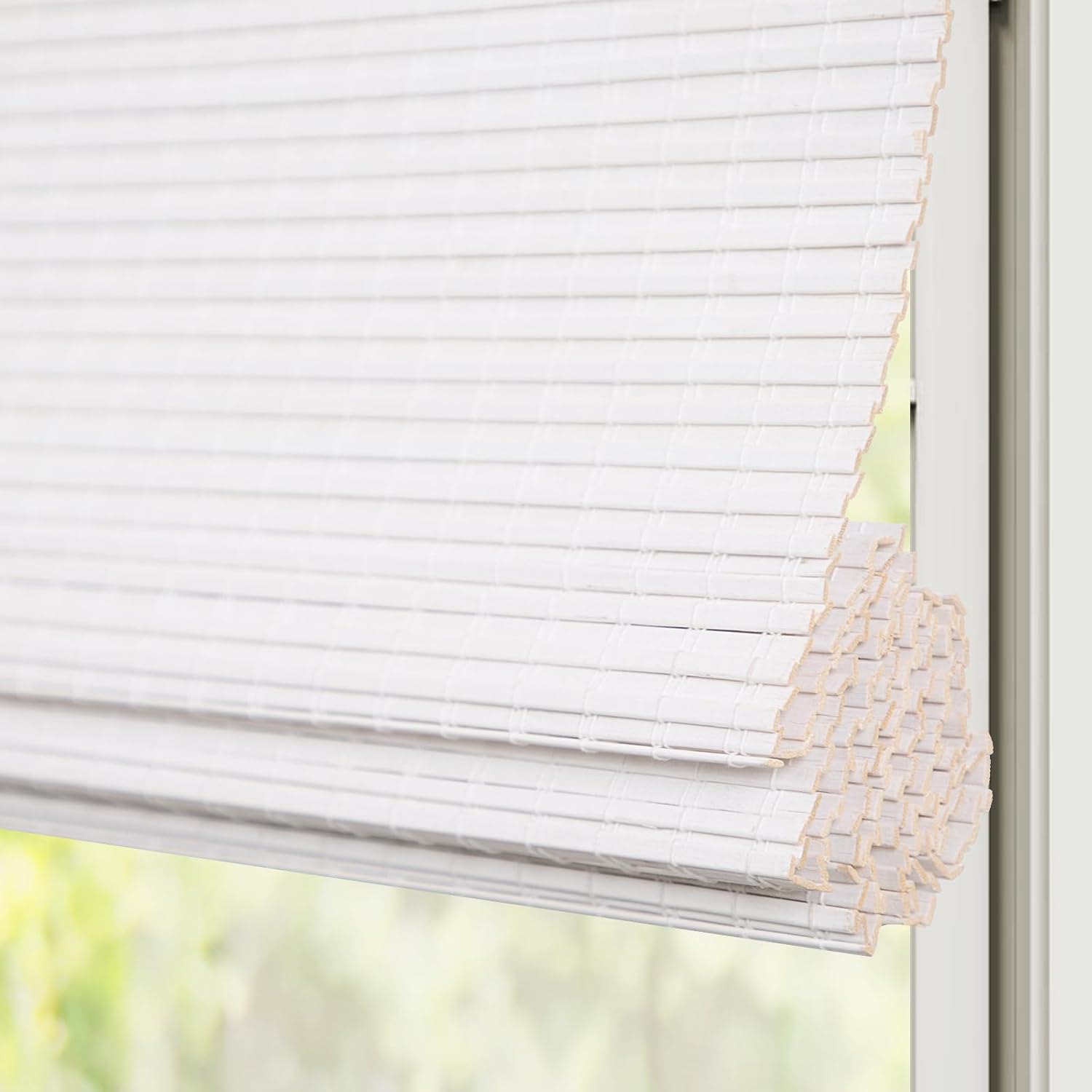 Windowlady Persianas romanas de bambú, persianas de madera tejidas a medida, inalámbricas blancas, filtran la luz, cortinas de bambú natural para