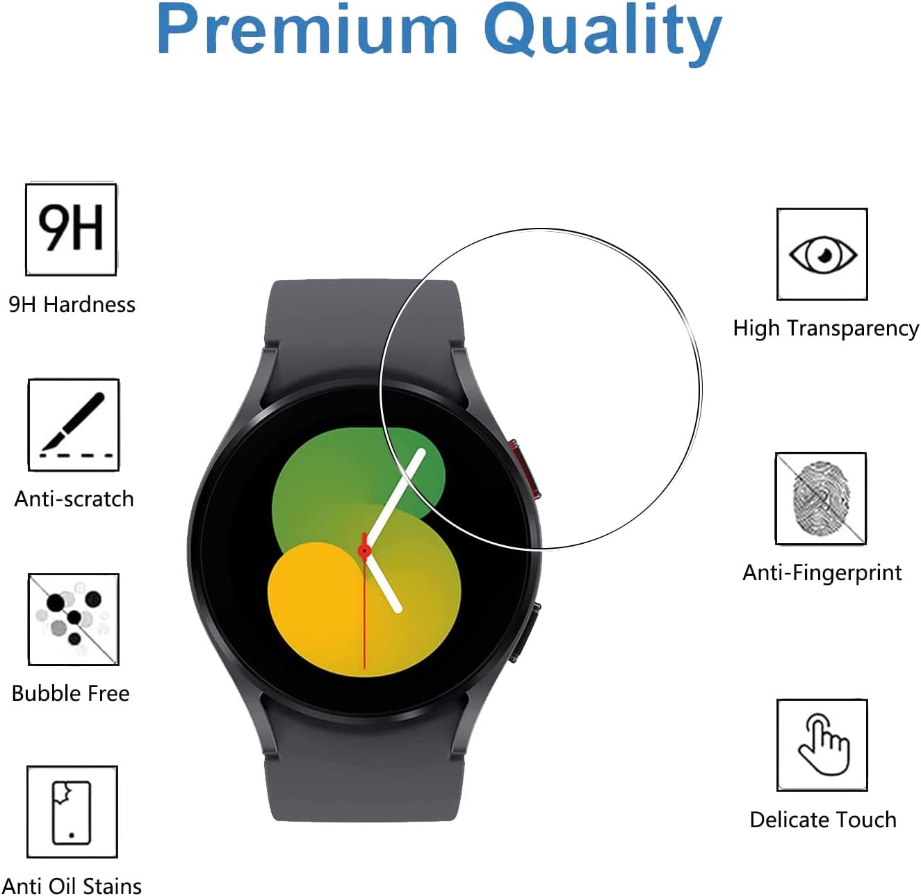 Paquete de 5 protectores de pantalla de vidrio templado para Samsung Galaxy Watch 5 (1.575 pulgadas), antiarañazos, antihuellas, protector de