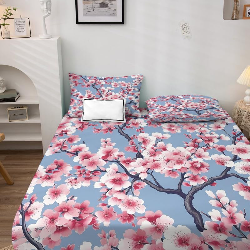 Juego de sábanas de flor de cerezo tamaño individual XL, sábanas de microfibra suave y bolsillo profundo, sábanas y fundas de almohada estampadas