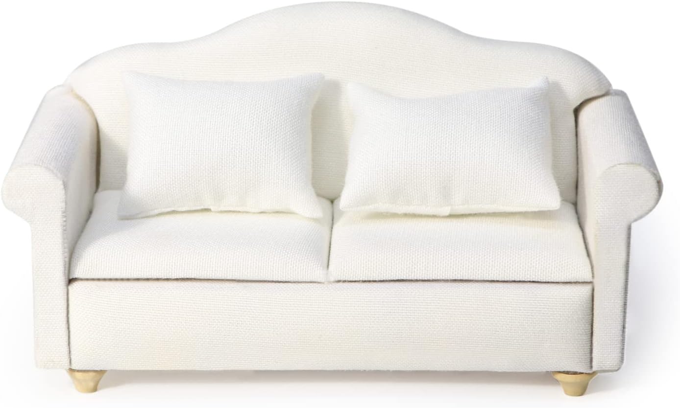 Sofá de casa de muñecas, muebles en miniatura, sofá con almohadas para sala de estar, decoración de escritorio, sofá de tela, mini accesorios para