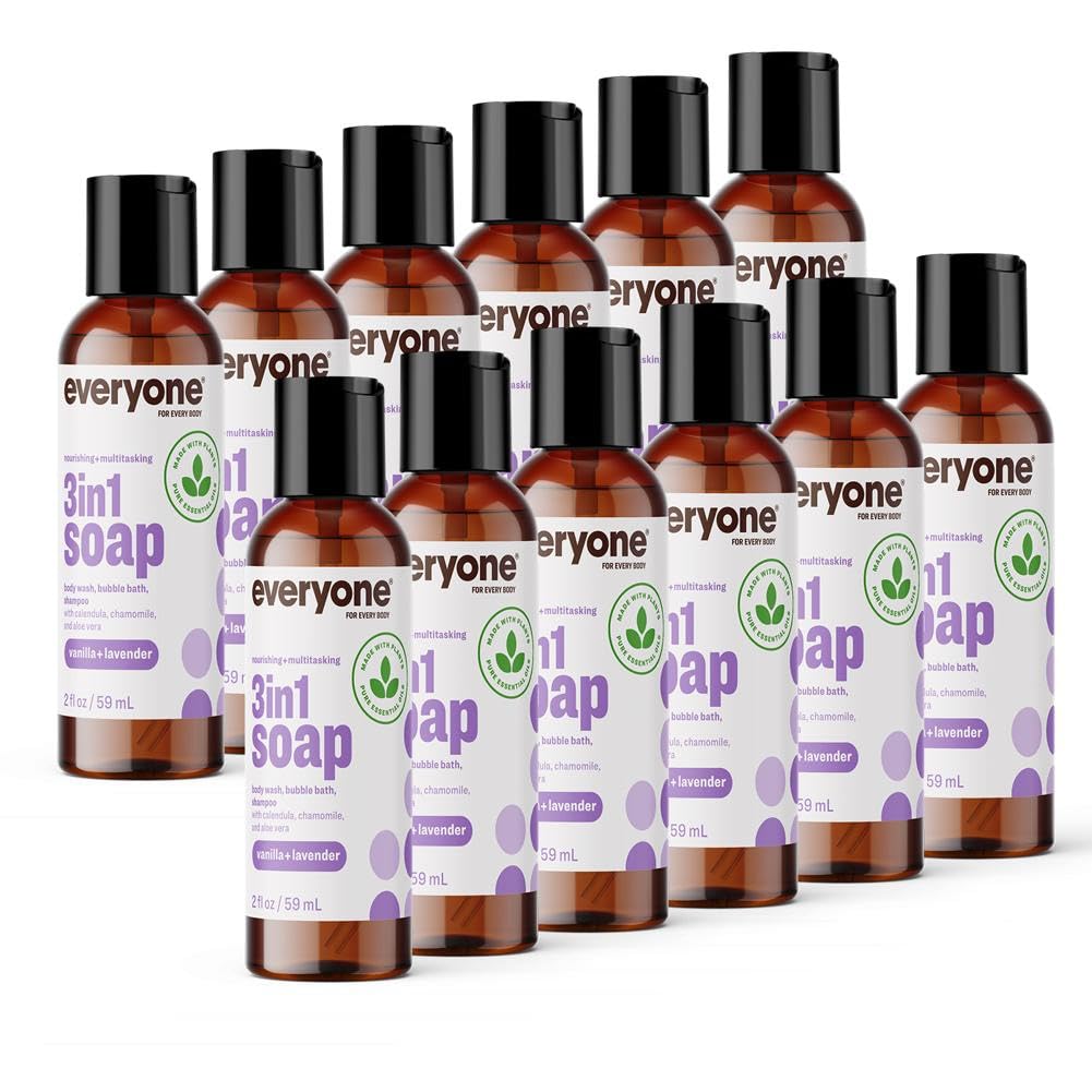 Everyone Jabón corporal 3 en 1, baño de burbujas, champú, tamaño de viaje, 2 onzas (paquete de 12), vainilla y lavanda, limpiador de coco con