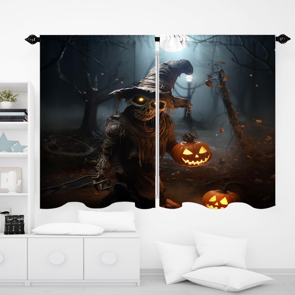 Halloween Kitchen Curtains Horror Skull with Magic Hat Pumpkin Lantern Moon Night Rod Pocket Small Drapes Cafe Curtain Bedroom Window Drapes 2