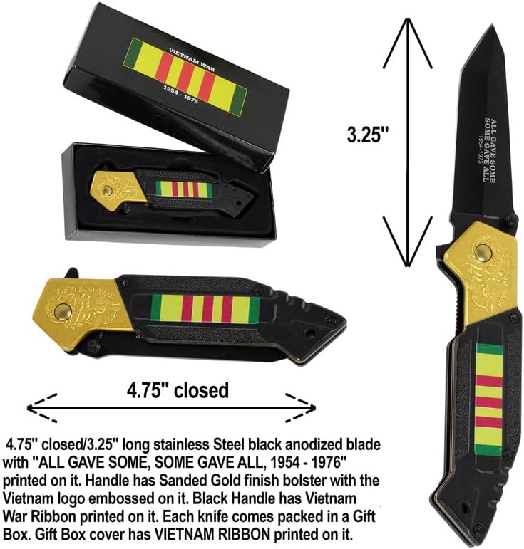 Cuchillo de bolsillo plegable de guerra de Vietnam, cuchillo de bolsillo de acero inoxidable de 4.75 pulgadas de 3.25 pulgadas con “ALL GAVE SOME,