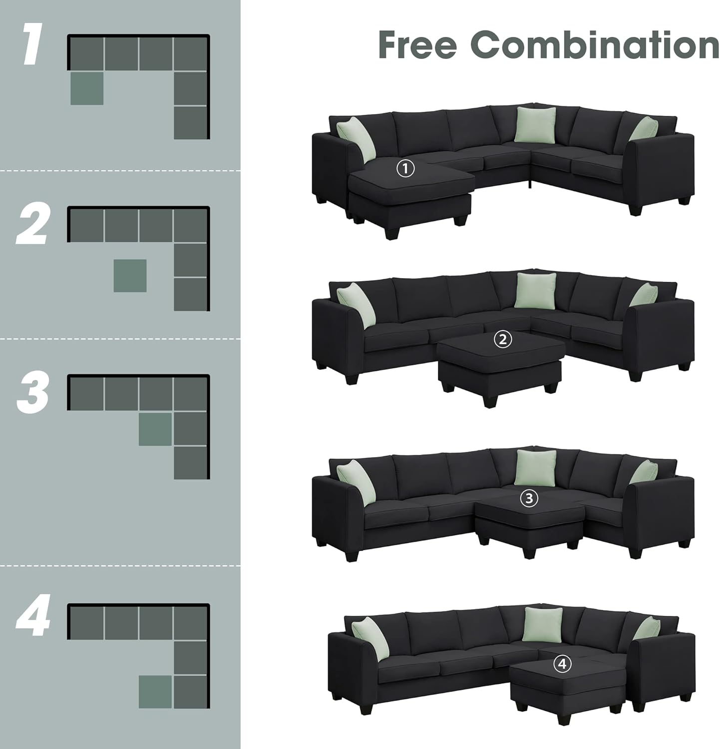 Juego de sofá modular de tela convertible en forma de L de 11287 pulgadas y 112 pulgadas con 3 almohadas, sofá modular de 7 asientos para sala de